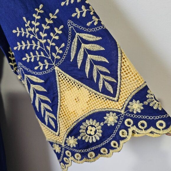 LIKE NEW UMGEE ELECTRIC BLUE SPLIT V NECK EMBROIDERED SLEEVES SHORT DRESS L - Picture 8 of 13